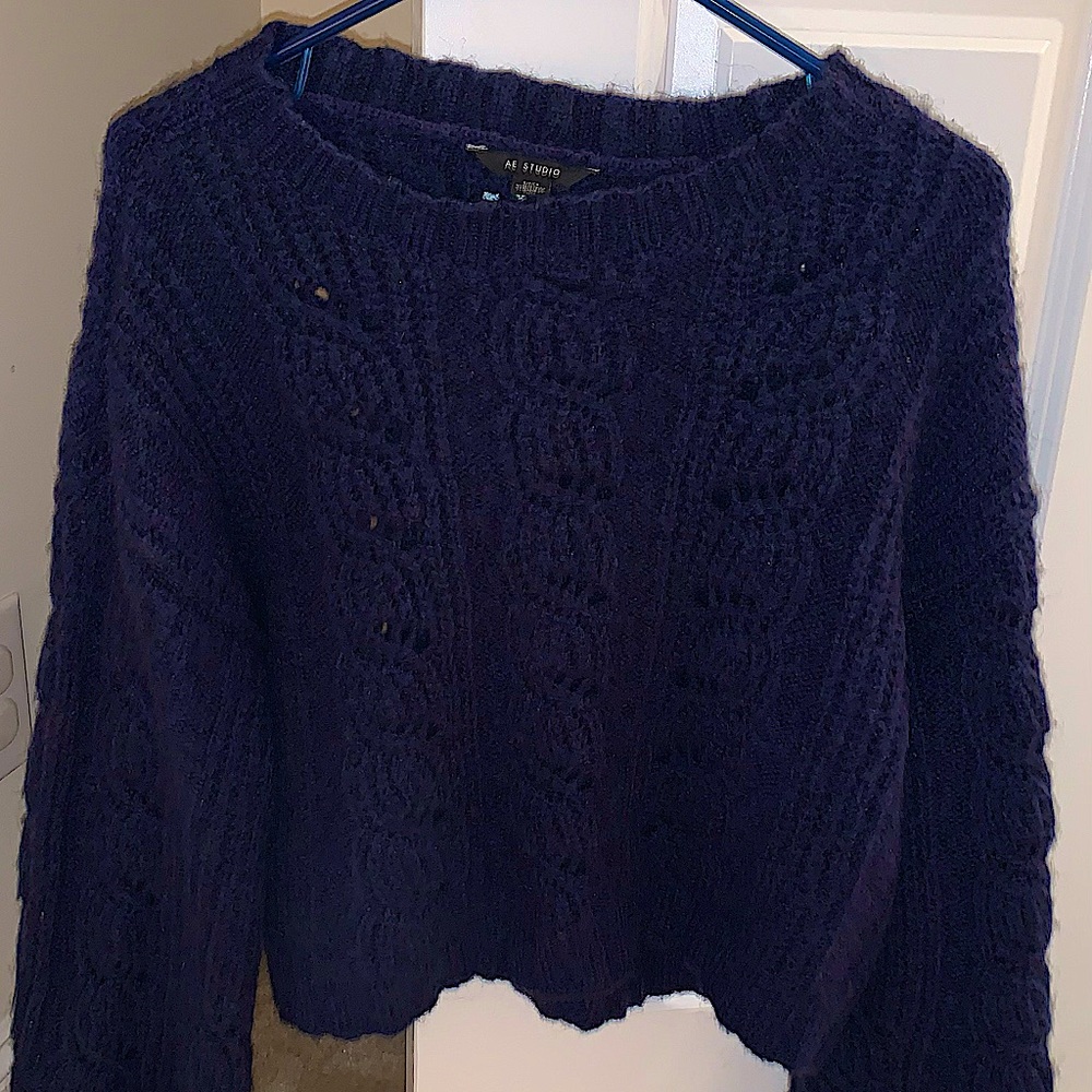 American Eagle Studio Navy Blue Flare Cropped Knitted Sweater